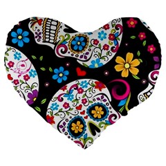 Sugar Skull Black Olorful Flower Large 19  Premium Flano Heart Shape Cushions by Cemarart