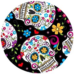 Sugar Skull Black Olorful Flower Wooden Puzzle Round by Cemarart