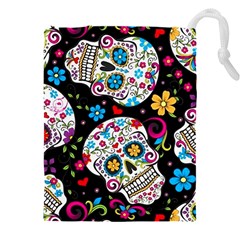 Sugar Skull Black Olorful Flower Drawstring Pouch (4xl) by Cemarart