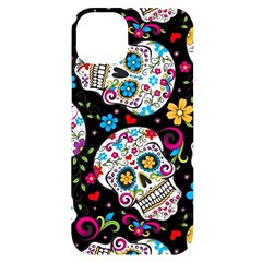 Sugar Skull Black Olorful Flower Iphone 14 Plus Black Uv Print Case by Cemarart