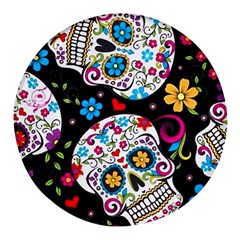 Sugar Skull Black Olorful Flower Round Glass Fridge Magnet (4 Pack) by Cemarart