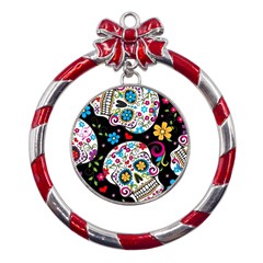 Sugar Skull Black Olorful Flower Metal Red Ribbon Round Ornament by Cemarart