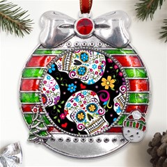 Sugar Skull Black Olorful Flower Metal X mas Ribbon With Red Crystal Round Ornament by Cemarart