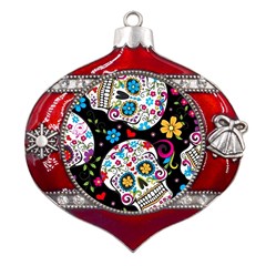 Sugar Skull Black Olorful Flower Metal Snowflake And Bell Red Ornament by Cemarart