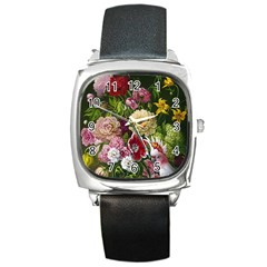 Parrot Painting Flower Art Square Metal Watch by Cemarart