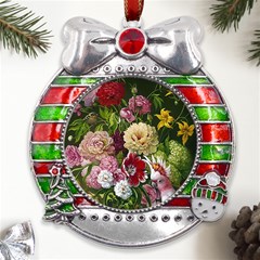 Parrot Painting Flower Art Metal X mas Ribbon With Red Crystal Round Ornament by Cemarart