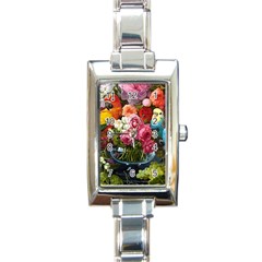 Flower And Parrot Art Flower Painting Rectangle Italian Charm Watch by Cemarart