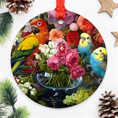 Flower And Parrot Art Flower Painting Ornament (round) by Cemarart