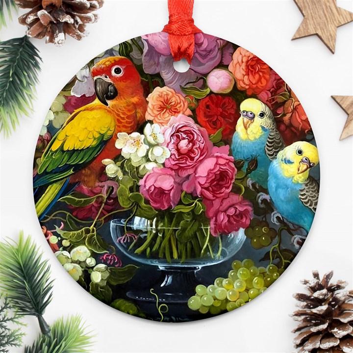 Flower And Parrot Art Flower Painting Ornament (Round)