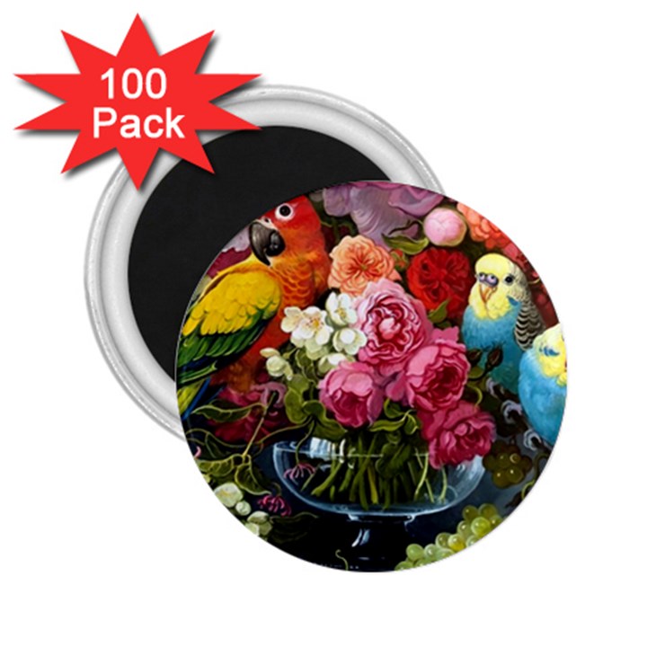 Flower And Parrot Art Flower Painting 2.25  Magnets (100 pack) 