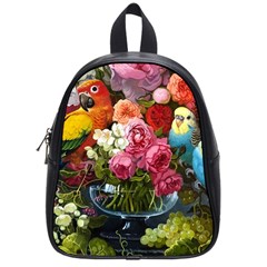 Flower And Parrot Art Flower Painting School Bag (small) by Cemarart