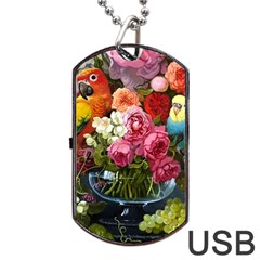 Flower And Parrot Art Flower Painting Dog Tag Usb Flash (two Sides) by Cemarart