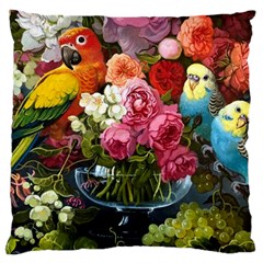 Flower And Parrot Art Flower Painting Large Cushion Case (one Side) by Cemarart