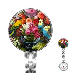 Flower And Parrot Art Flower Painting Stainless Steel Nurses Watch by Cemarart