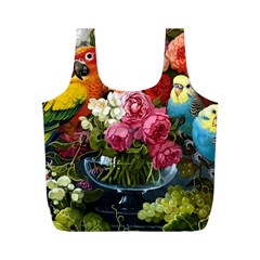 Flower And Parrot Art Flower Painting Full Print Recycle Bag (m) by Cemarart