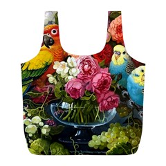 Flower And Parrot Art Flower Painting Full Print Recycle Bag (l) by Cemarart