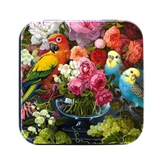 Flower And Parrot Art Flower Painting Square Metal Box (black) by Cemarart