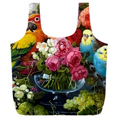 Flower And Parrot Art Flower Painting Full Print Recycle Bag (xxl) by Cemarart