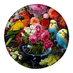 Flower And Parrot Art Flower Painting Round Glass Fridge Magnet (4 Pack) by Cemarart