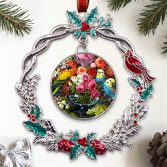 Flower And Parrot Art Flower Painting Metal X mas Wreath Holly Leaf Ornament by Cemarart