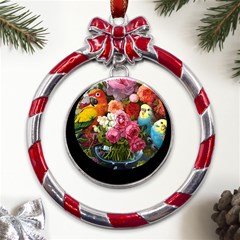 Flower And Parrot Art Flower Painting Metal Red Ribbon Round Ornament by Cemarart