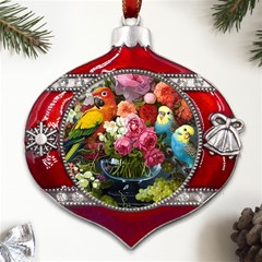 Flower And Parrot Art Flower Painting Metal Snowflake And Bell Red Ornament by Cemarart