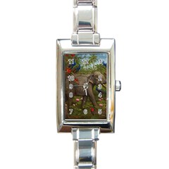 Jungle Of Happiness Painting Peacock Elephant Rectangle Italian Charm Watch by Cemarart