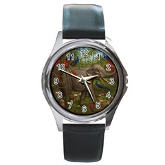 Jungle Of Happiness Painting Peacock Elephant Round Metal Watch by Cemarart