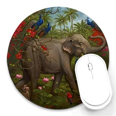 Jungle Of Happiness Painting Peacock Elephant Round Mousepad by Cemarart