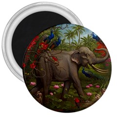 Jungle Of Happiness Painting Peacock Elephant 3  Magnets by Cemarart