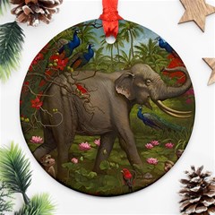 Jungle Of Happiness Painting Peacock Elephant Ornament (round) by Cemarart