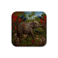 Jungle Of Happiness Painting Peacock Elephant Rubber Coaster (square) by Cemarart