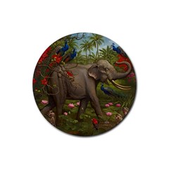 Jungle Of Happiness Painting Peacock Elephant Rubber Coaster (round) by Cemarart