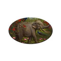 Jungle Of Happiness Painting Peacock Elephant Sticker (oval) by Cemarart