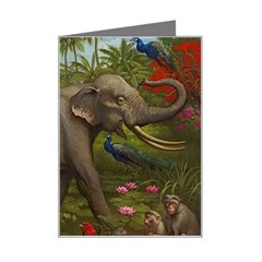 Jungle Of Happiness Painting Peacock Elephant Mini Greeting Card by Cemarart