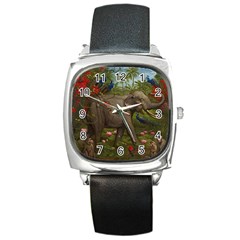 Jungle Of Happiness Painting Peacock Elephant Square Metal Watch by Cemarart