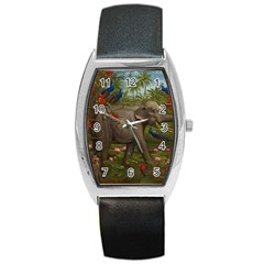 Jungle Of Happiness Painting Peacock Elephant Barrel Style Metal Watch by Cemarart