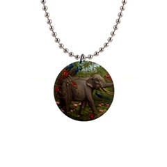 Jungle Of Happiness Painting Peacock Elephant 1  Button Necklace by Cemarart