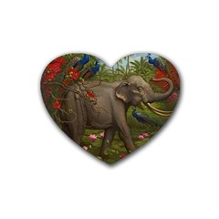 Jungle Of Happiness Painting Peacock Elephant Rubber Coaster (heart) by Cemarart