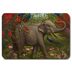 Jungle Of Happiness Painting Peacock Elephant Large Doormat by Cemarart