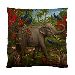 Jungle Of Happiness Painting Peacock Elephant Standard Cushion Case (one Side) by Cemarart