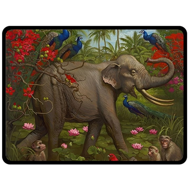 Jungle Of Happiness Painting Peacock Elephant Fleece Blanket (Large)