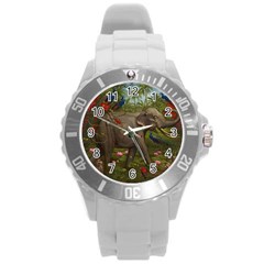 Jungle Of Happiness Painting Peacock Elephant Round Plastic Sport Watch (l) by Cemarart