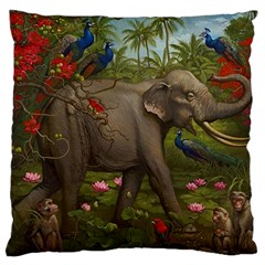 Jungle Of Happiness Painting Peacock Elephant Large Cushion Case (one Side) by Cemarart