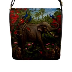 Jungle Of Happiness Painting Peacock Elephant Flap Closure Messenger Bag (l) by Cemarart