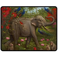 Jungle Of Happiness Painting Peacock Elephant Two Sides Fleece Blanket (medium) by Cemarart