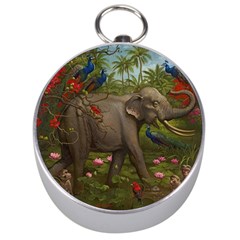 Jungle Of Happiness Painting Peacock Elephant Silver Compasses by Cemarart