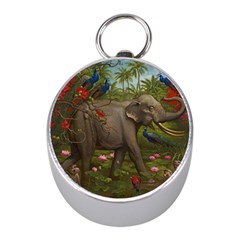 Jungle Of Happiness Painting Peacock Elephant Mini Silver Compasses by Cemarart