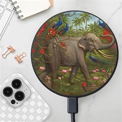 Jungle Of Happiness Painting Peacock Elephant Wireless Fast Charger(black) by Cemarart