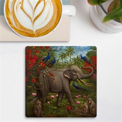 Jungle Of Happiness Painting Peacock Elephant Uv Print Square Tile Coaster  by Cemarart